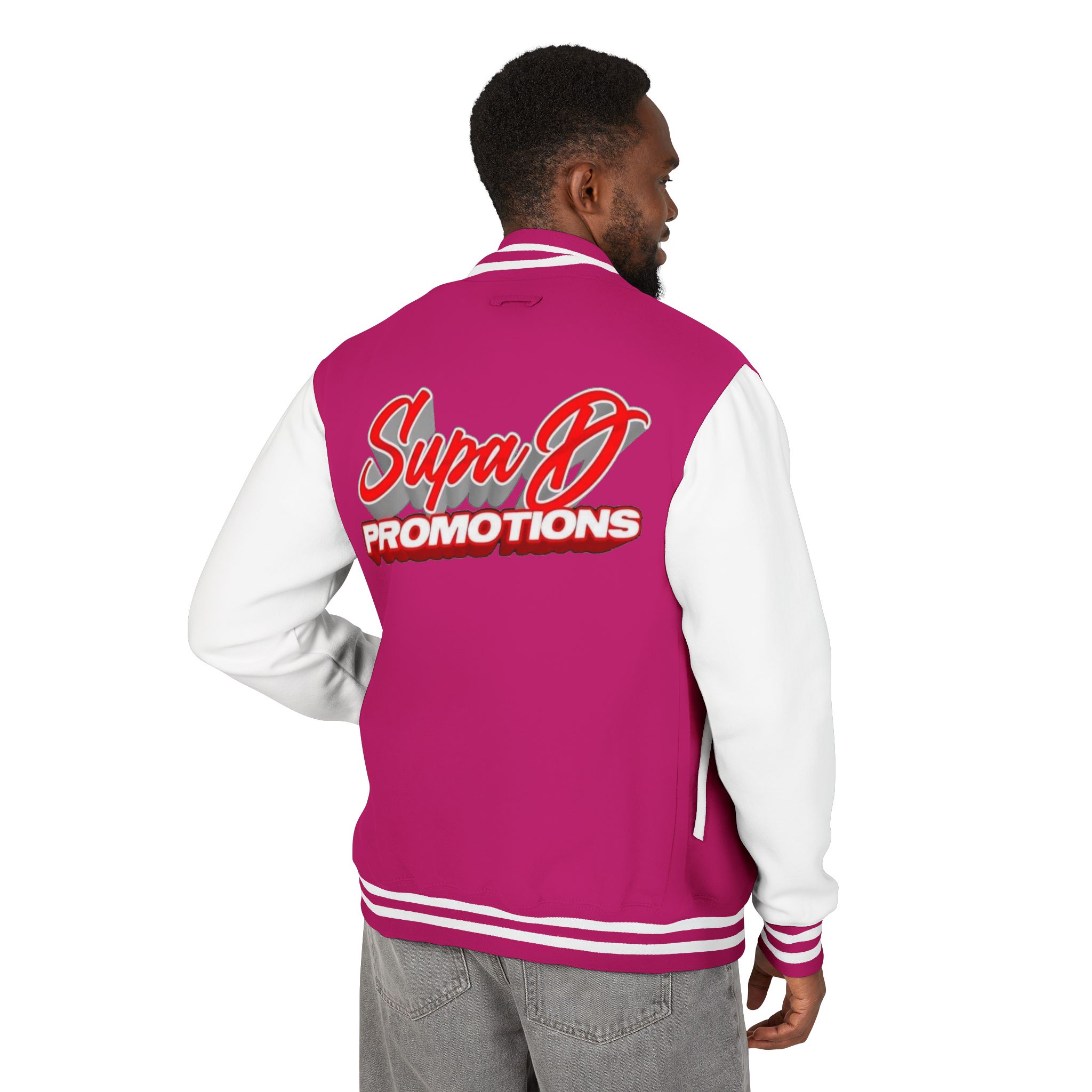 Letterman Jacket — 'Supa D Promotions' Retro Script Varsity Jacket - Image 11